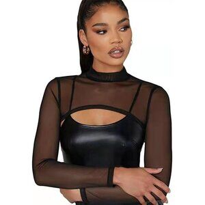 🆕Women's Black Polyester Mesh Mock Neck Crop Top Long Sleeve Sexy See-Through